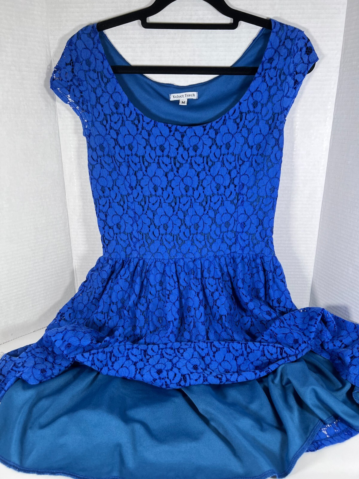 VTG Royal Blue Lace Silk Lined Short Dress Adult M Cocktail Prom Wedding USA