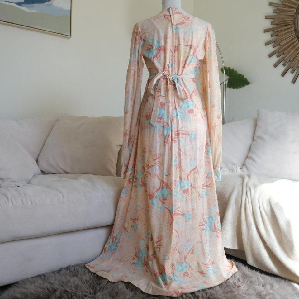 Vtg 1970s S Sheer Sleeve Orange Floral Print Coral Prairie Tie Long Sleeve Dress