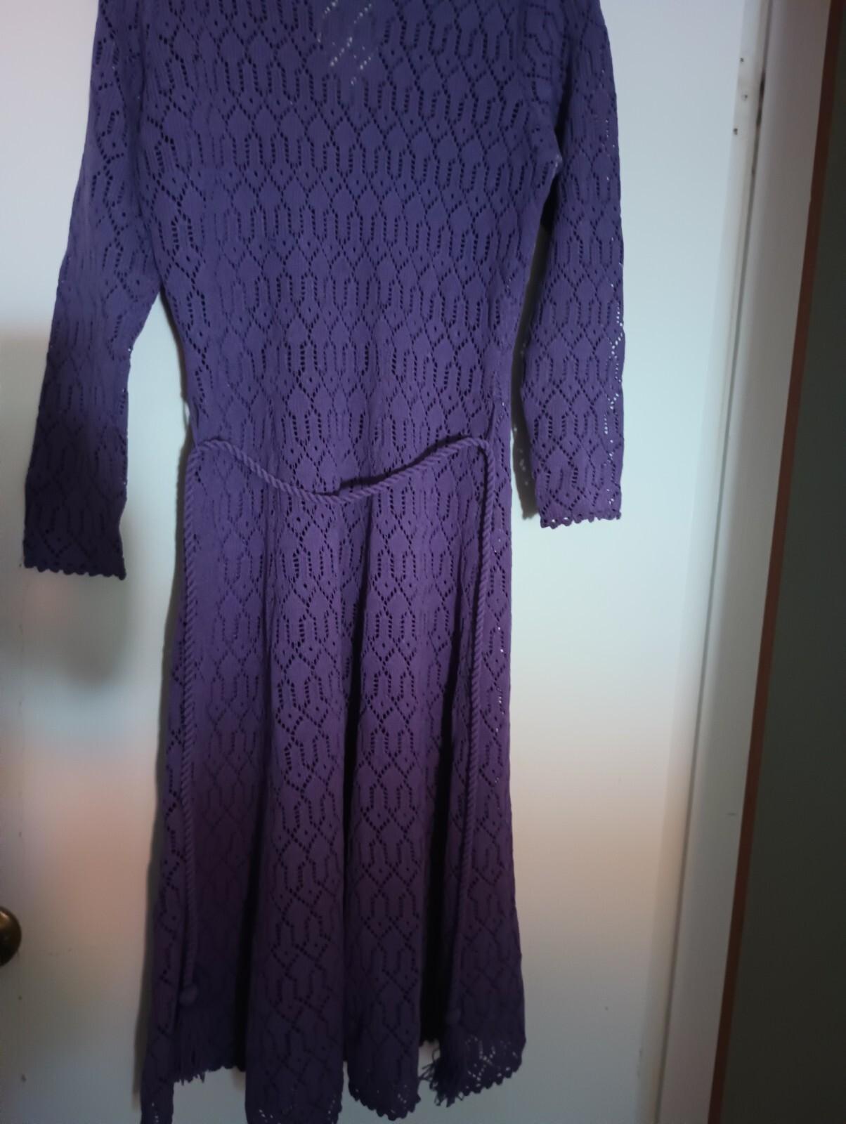 Purple Pointelle Crochet V Neck Midi Sweater Knit/ Midi Dress XS Miss JoAnn
