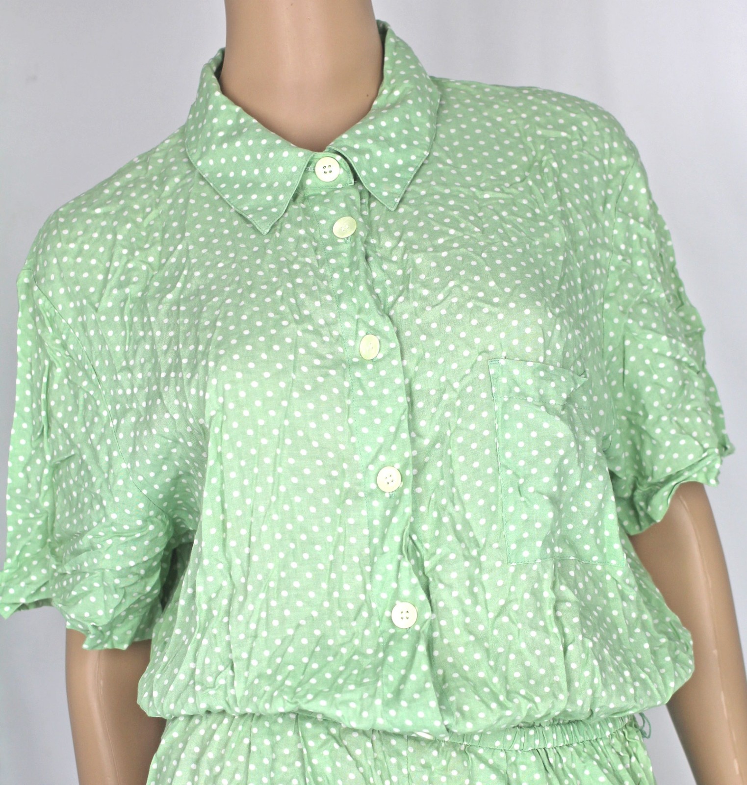 90s Y2K Vintage Rayon Shirt Shorts Romper Summer Playsuit Green White Dot 16 1X