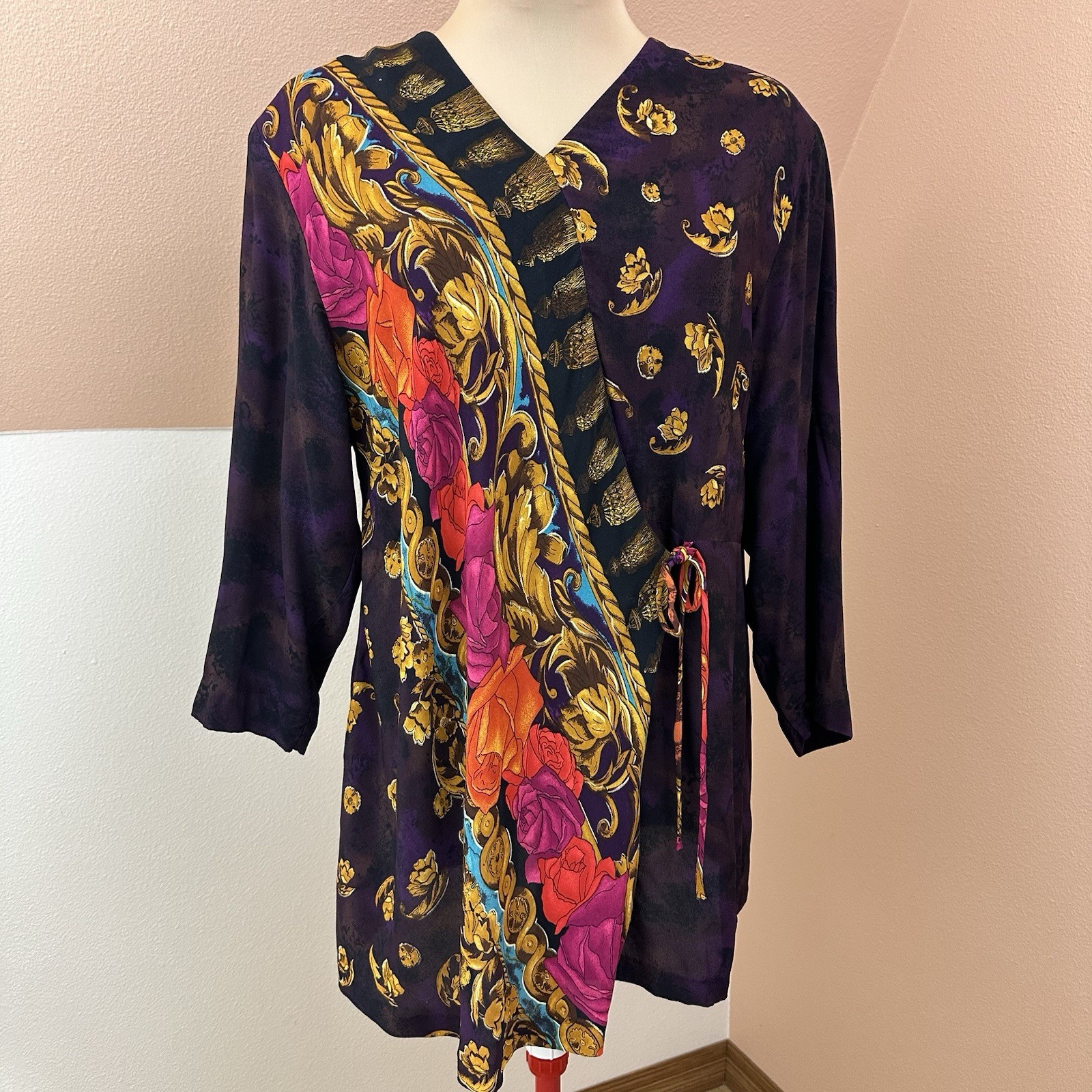 VTG Carole Little Rayon Wrap Kimono Jacket Womens 16 Baroque Floral Art To Wear