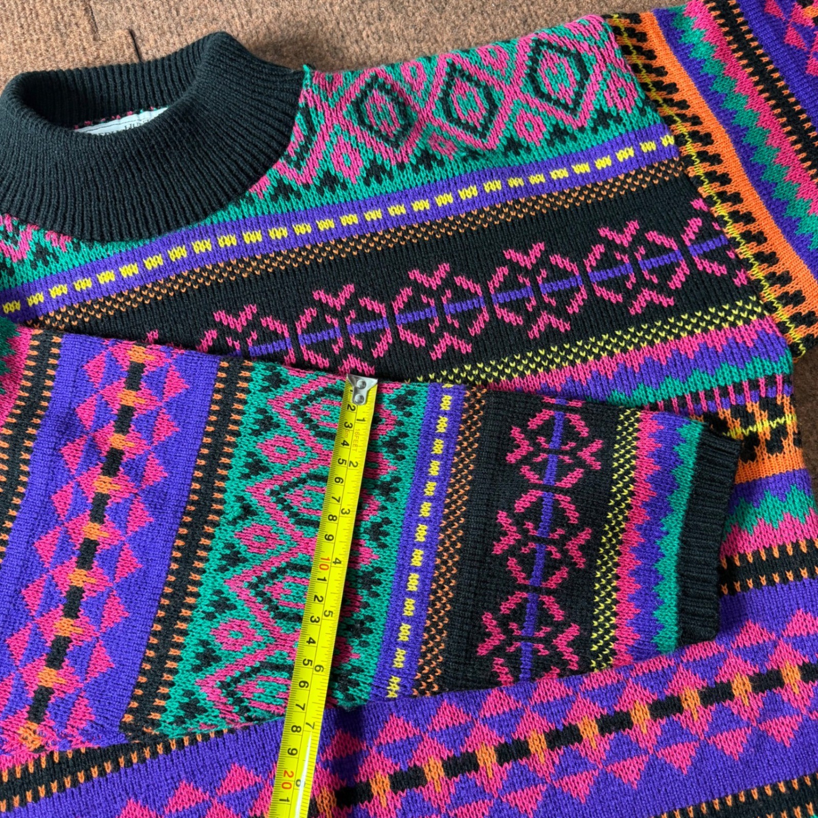 Vintage Kimberly Hunter Neon Geometric Fair Isle Mock Neck Sweater USA Made XL