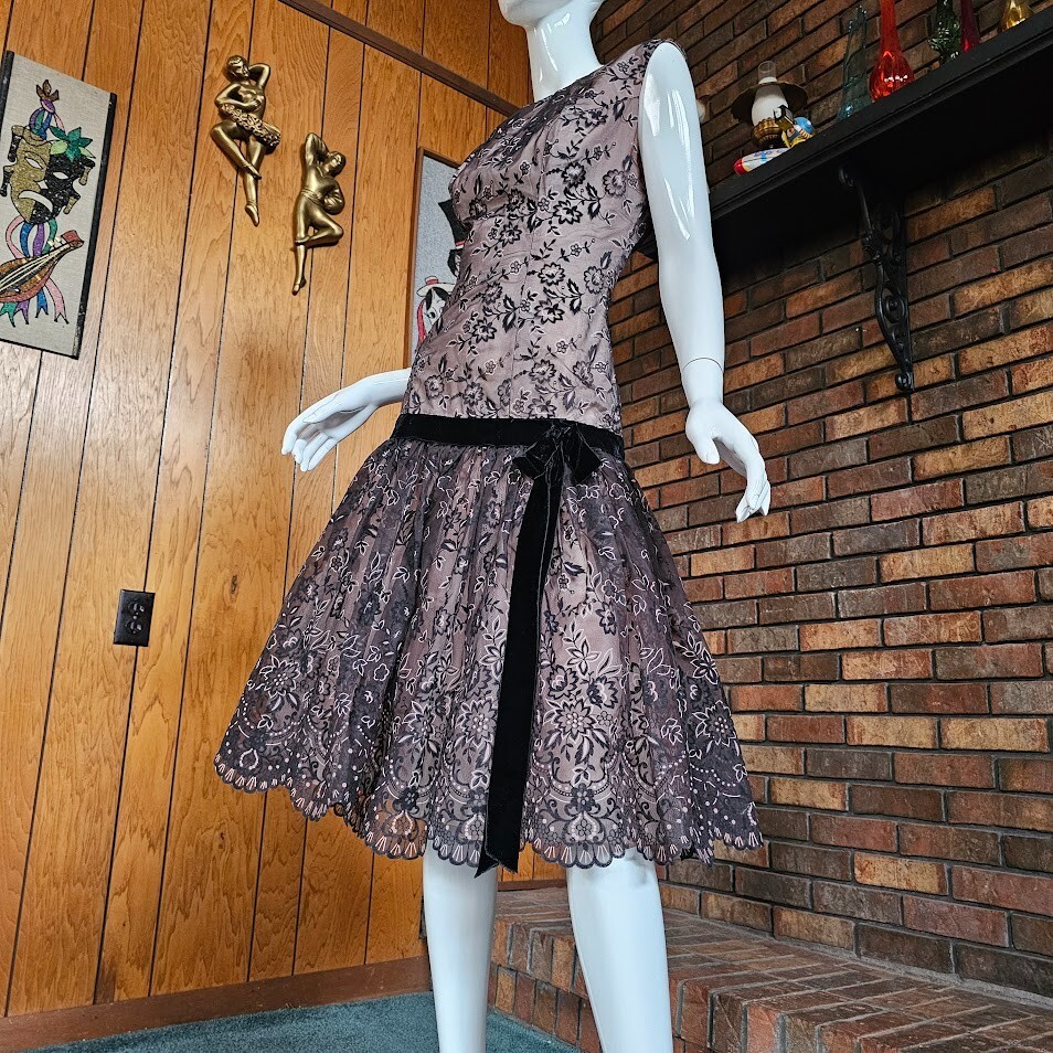 Vtg 50s Flocked Illusion Pink & Black Drop Waist Bubble Prom Cocktail Dress S/M