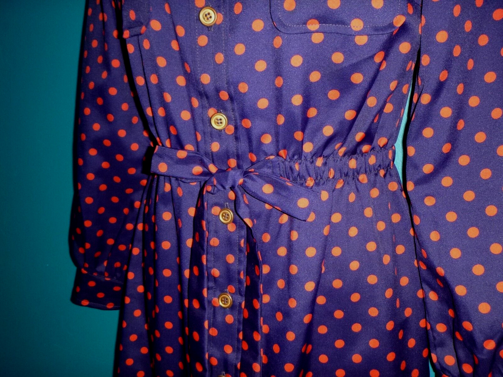 Vtg 70s Parade New York Silky Poly Shirt Dress Blue Red Polka Dots Sz M/L