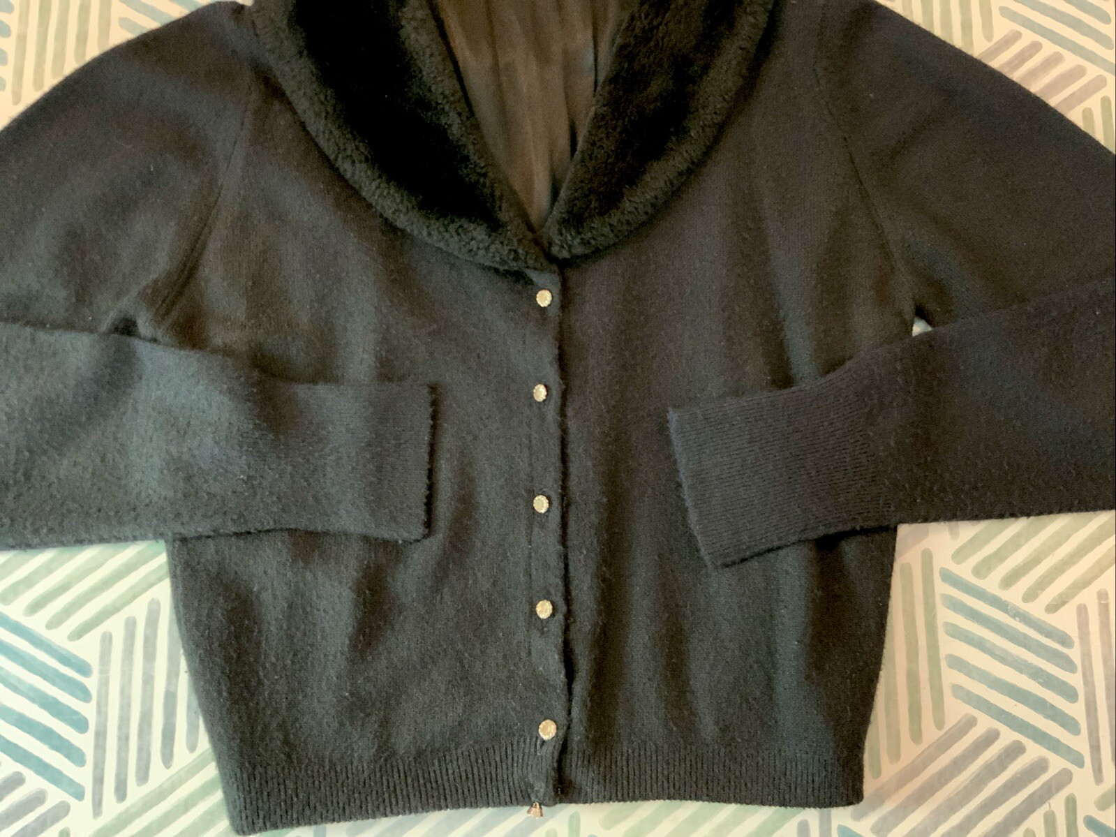 Vintage Storyk 100% Turbo Orlon Black Lined Secretary Sweater Rhinestones Sz XS