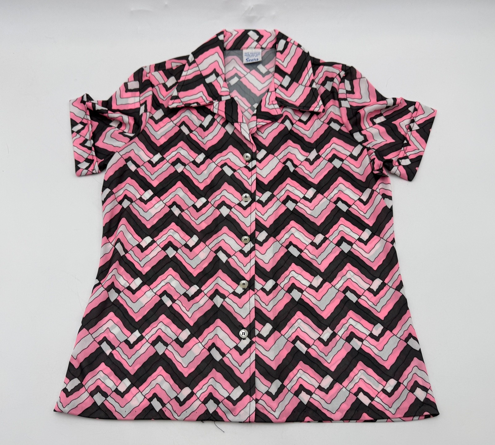 Vintage 1970s Womens Sears 100% Polyester Bold Print Top Collared Button Front