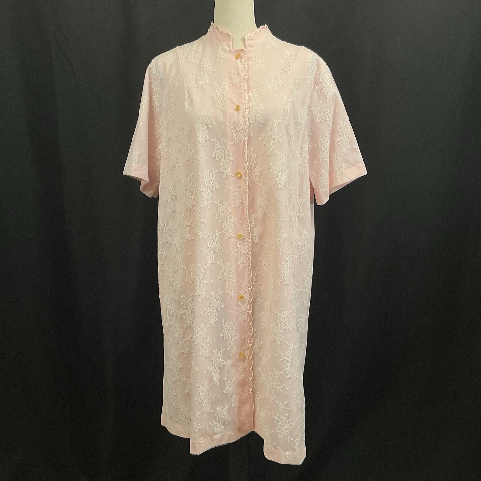 Vintage 1960s San’s Souci Pink Lace Peignoir Robe Nylon Sheer Lace Overlay Sz 14