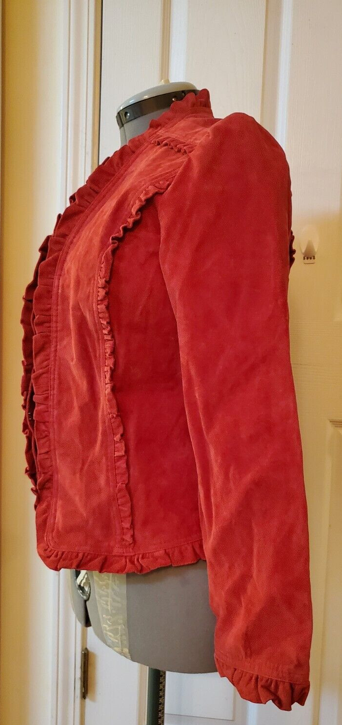 Vintage Prosper & Devine Red 100% Leather Jacket Ruffles Hooks & Eye Large