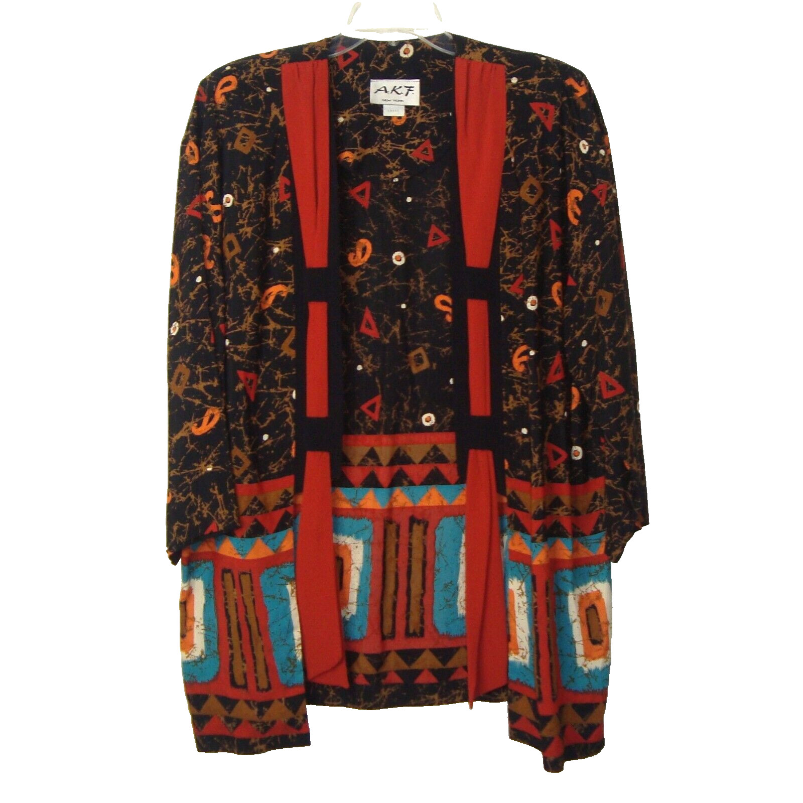 VINTAGE A.K.F. New York Paisley Geo Print Open Jacket Cardigan Kimono Size L