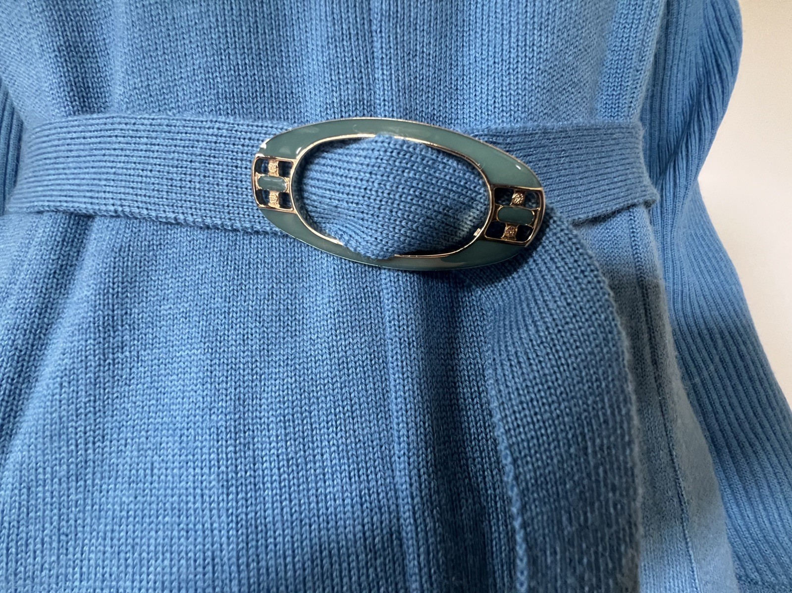 Vintage 60s 70s Le Donna Sky Blue 100% Wool Knit Stretch Belted Dress Hong Kong
