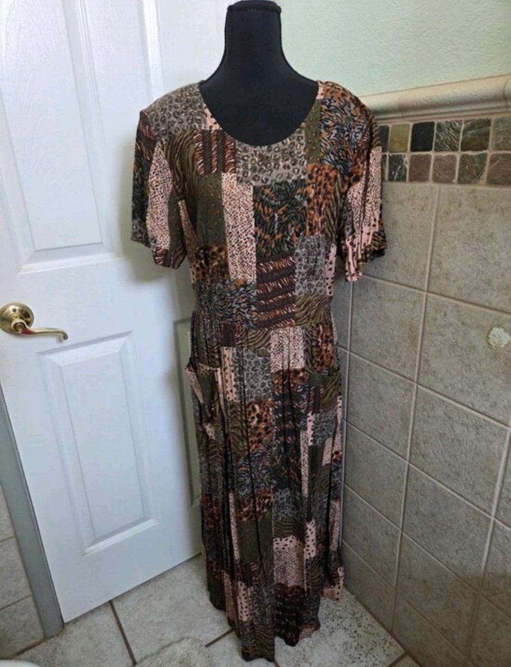 Vintage Patchwork Animal Print Maxi Dress Vacay Teachercore Travel Safari 16 TL