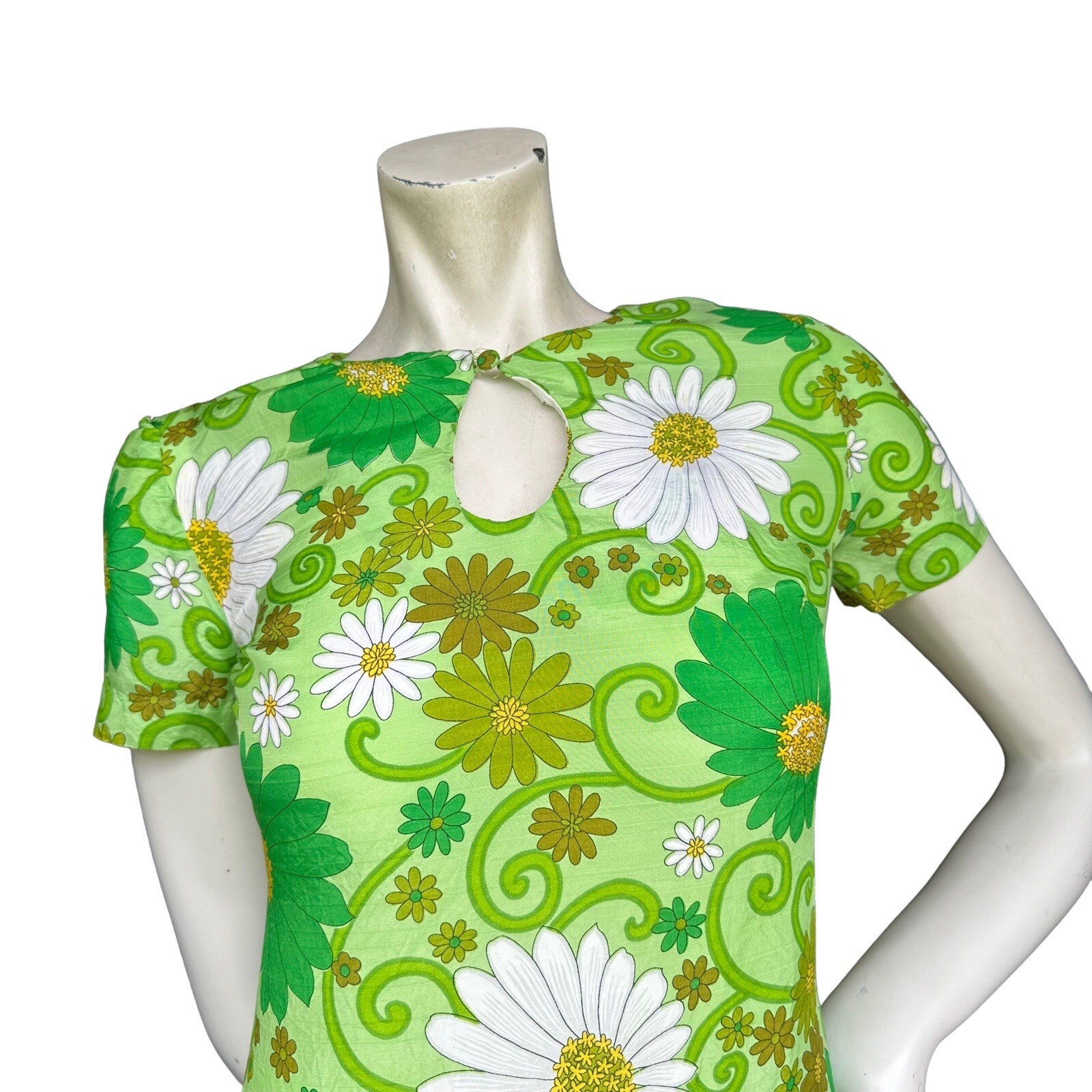 Vintage 60s 70s Handmade Floral Psychedelic Keyhole Neckline Midi Dress XS?