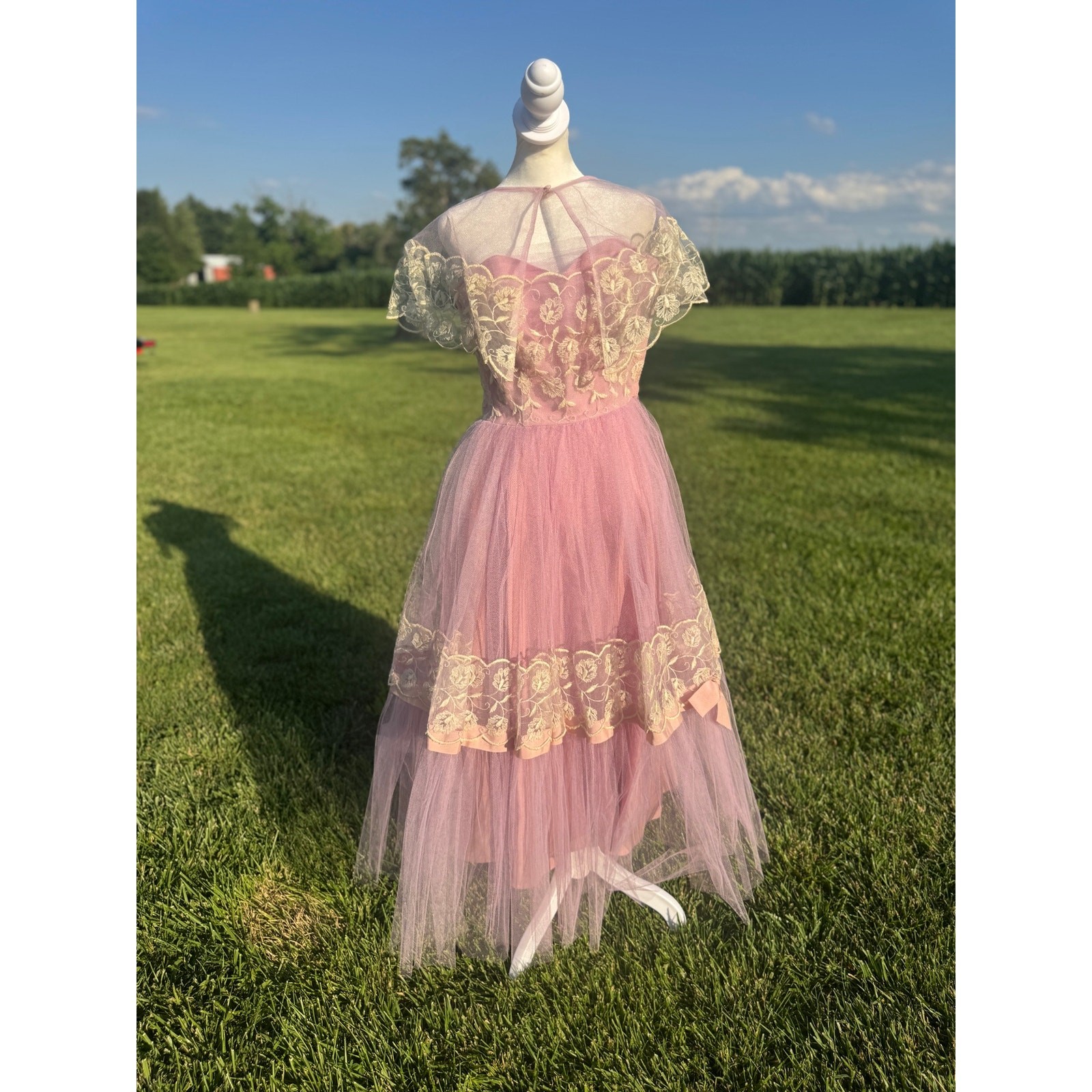Vintage 50s Pink Tulle Prom Dress Matching Lace Capelet Set Boned Crown Zip XS