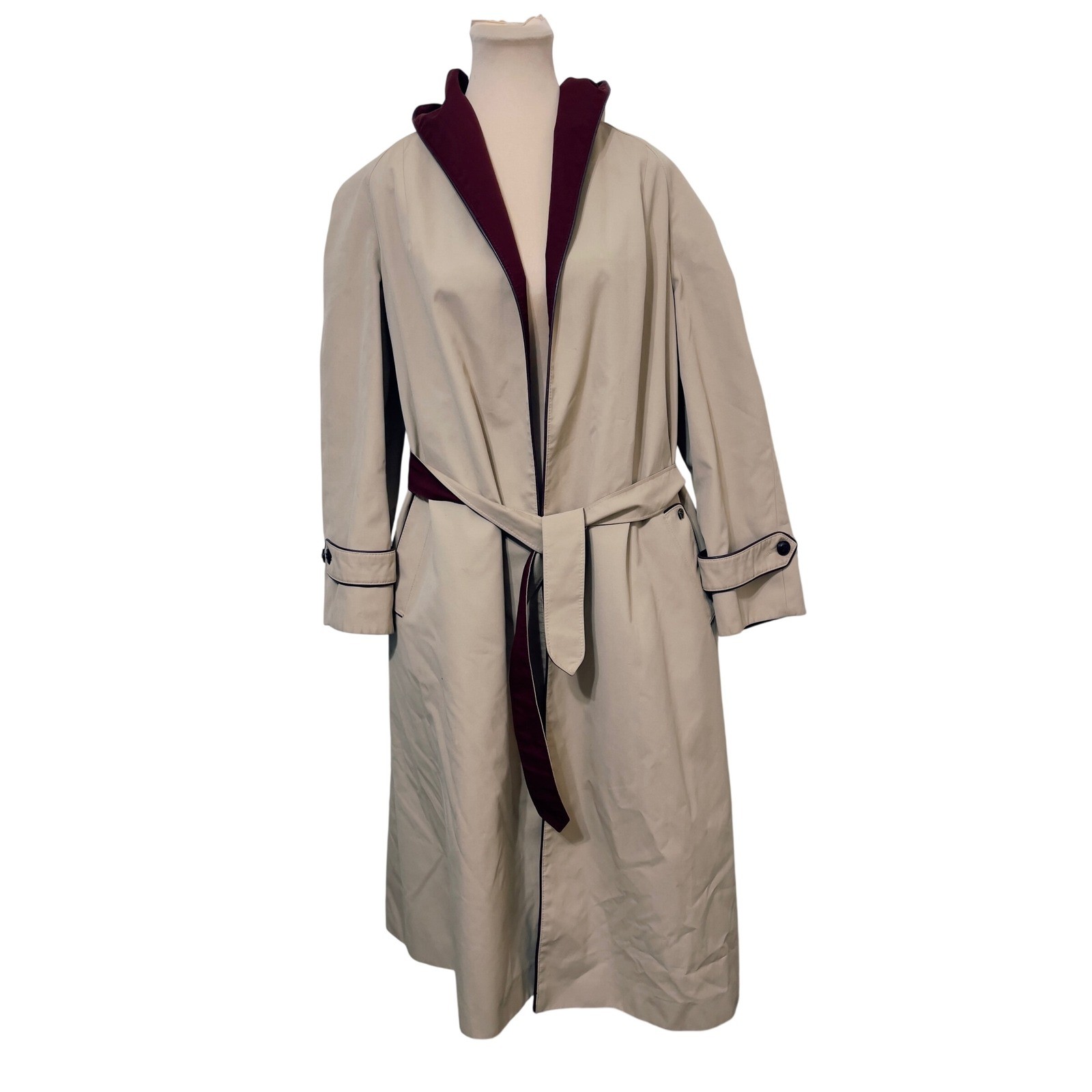 Etienne Aigner Women Reversible Hooded Trench Coat 10 Tan Burgundy Minimalist