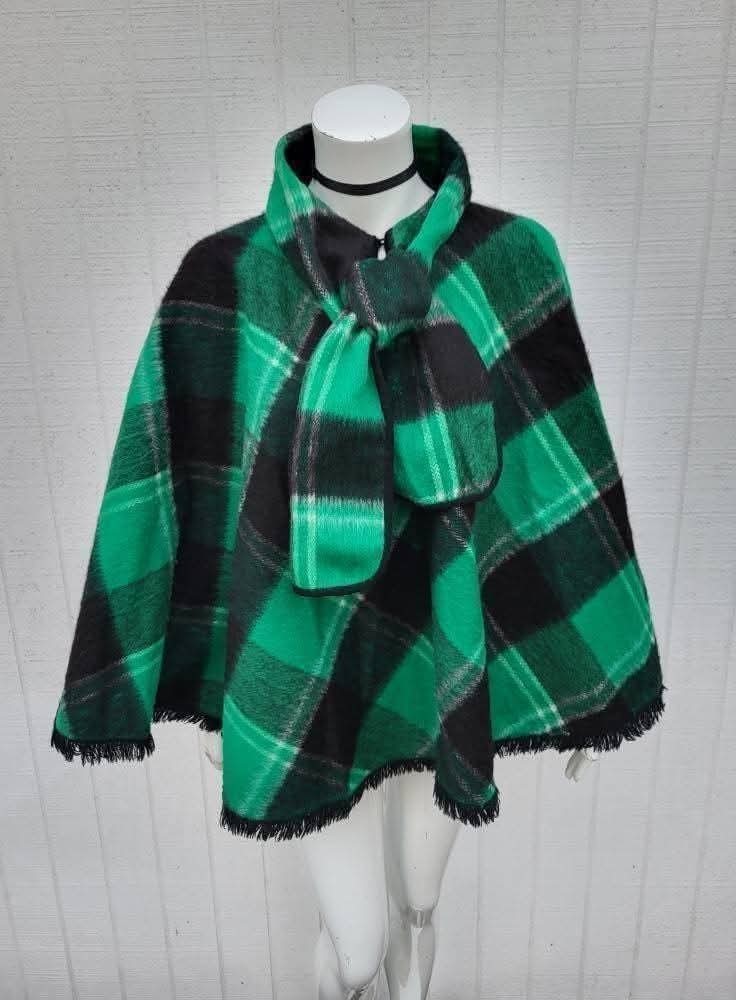1960s Black And Green Plaid Poncho/Cape As Is