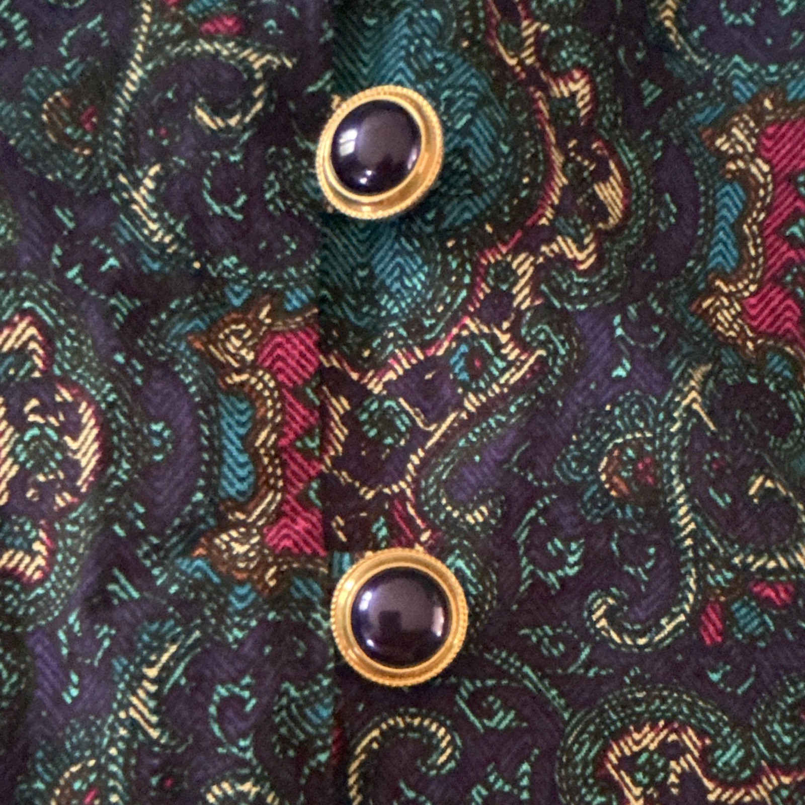 Vintage 80s Jewel Tone Baroque Paisley Blouse Gold Button Top Size 10 M