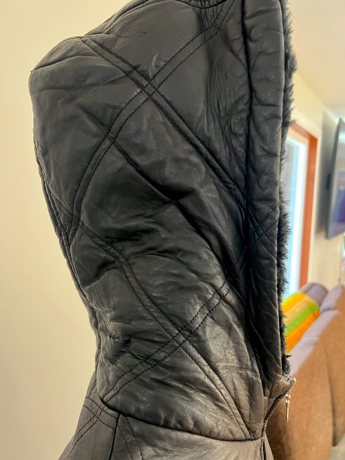 Women’s VTG Coat Black Leather Hood Belt Insulated Liner L Otello Pelle