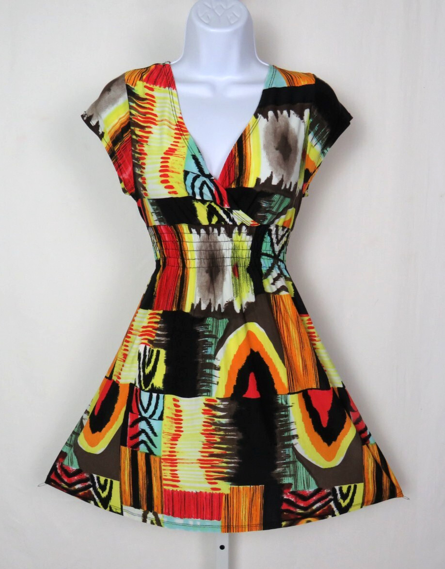 VTG 1990s MOD ABSTRACT COLOR BLOCK STRETCH DRESS OVERLAP BUST 30″ to 36″