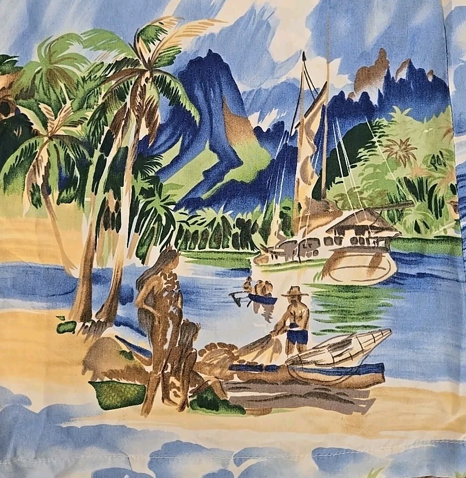 VTG Kamehameha Hawaiian Rayon Short Sleeve Midi Dress Palm tree Village Ocean S