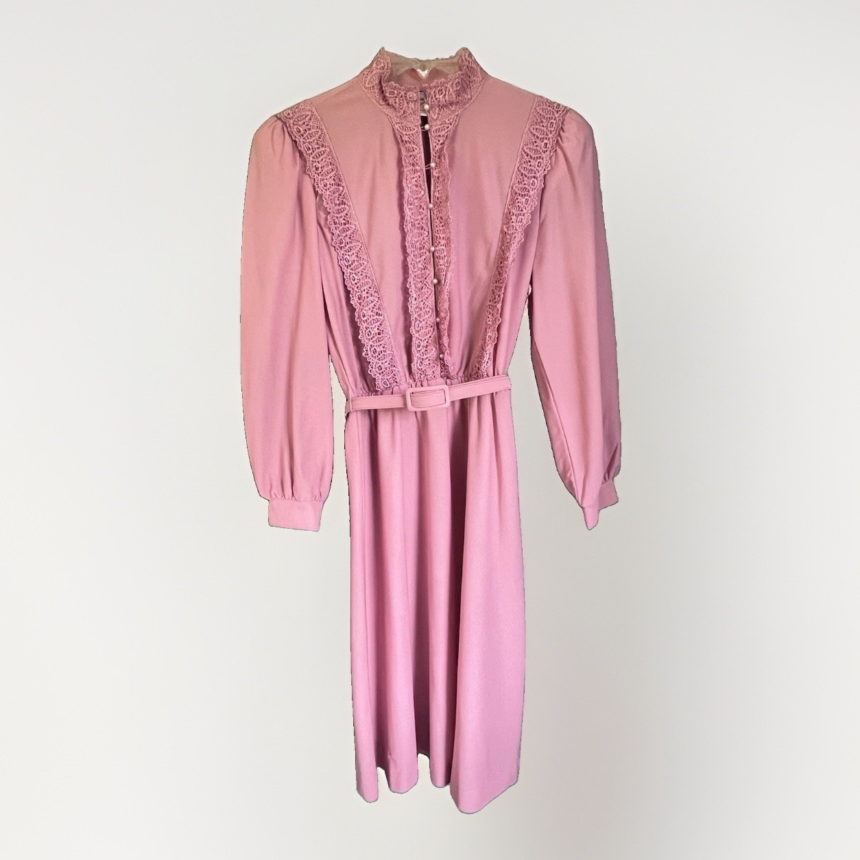 VTG 70s Chapter Two Pink Lace Bib Shirt Dress Belted Prairie Cottagecore SZ 10P