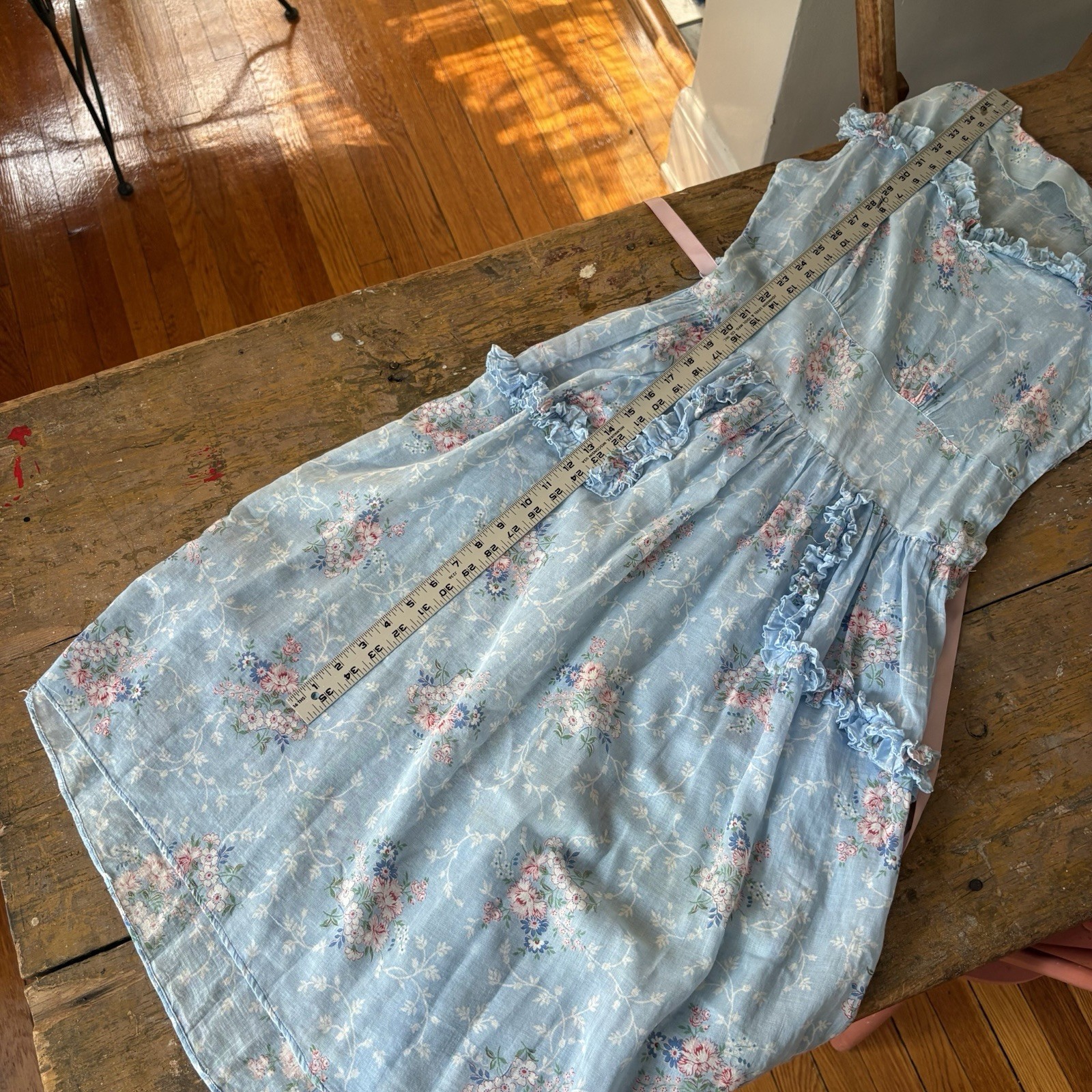 Vintage 1940s Blue Floral Cotton Voile Fabric Dress Ruffle Trim Summer