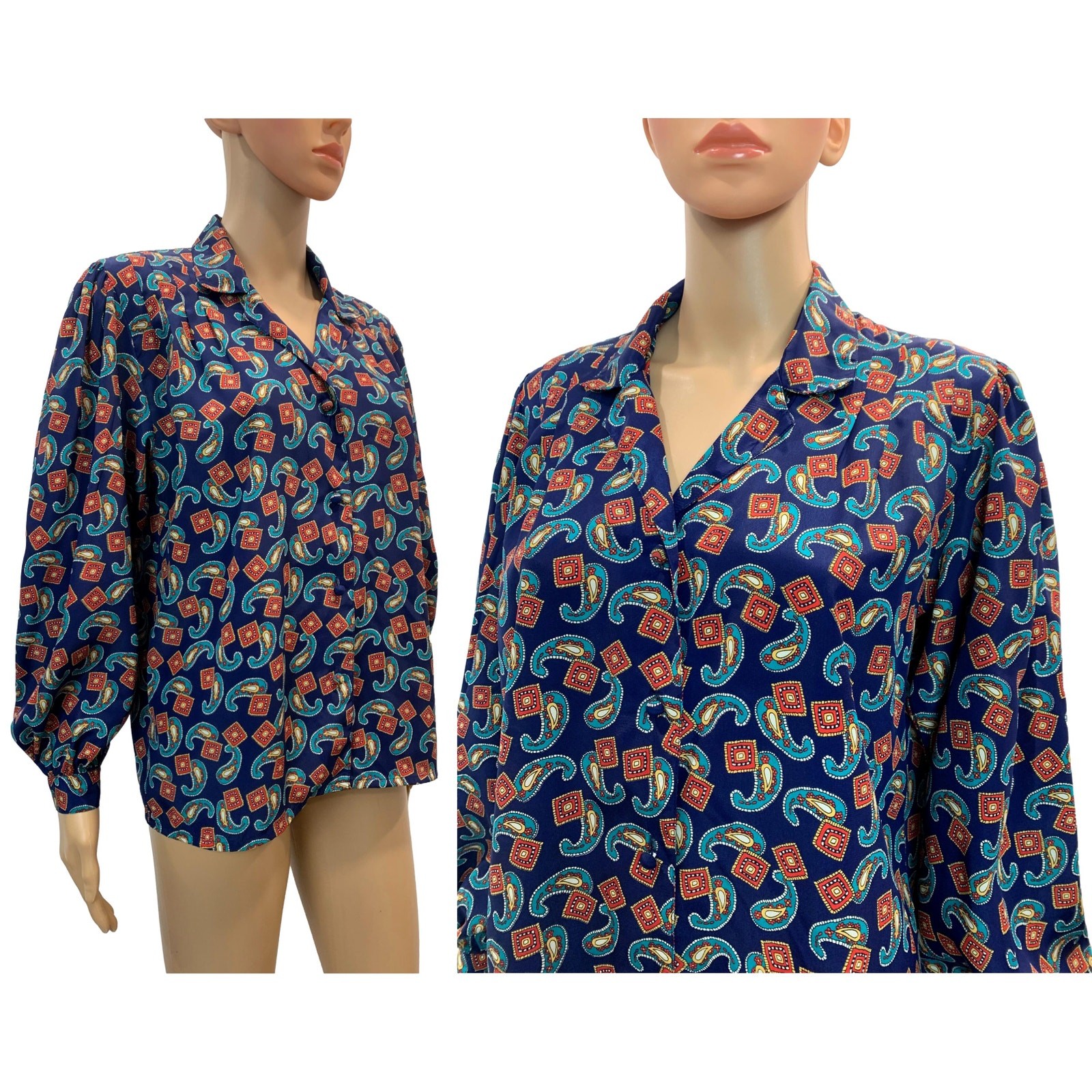 80s Silky Paisley Print Blouse Blue Teal Red Gold Josephine Size 6