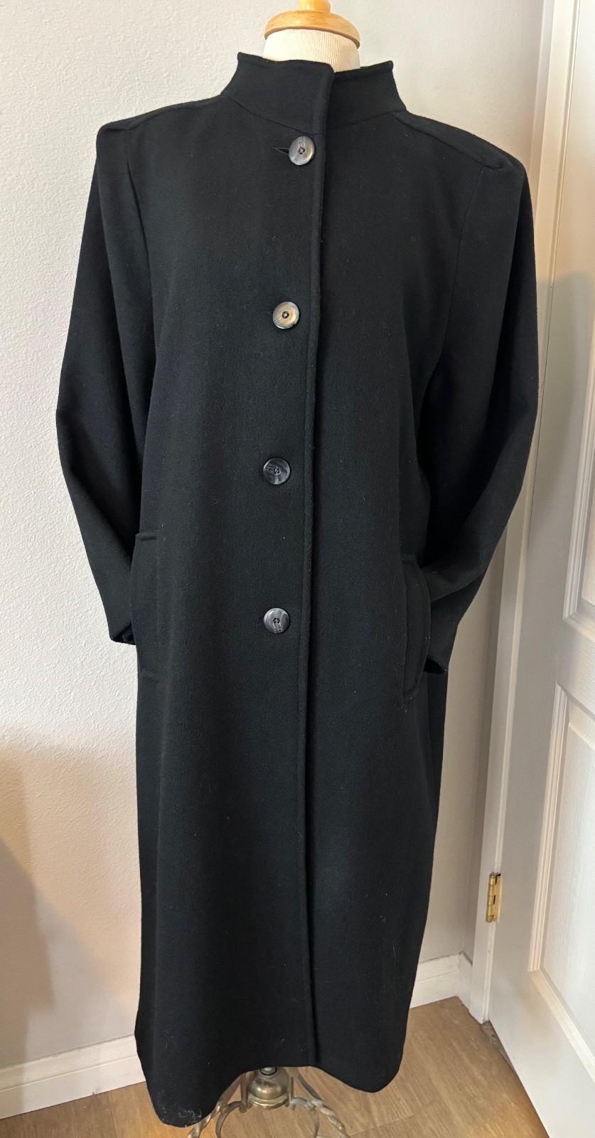 VTG ANDREA MARIN NEW YORK UNION MADE WMS BLACK WOOL BLEND COAT MAXI SEE MEASURE