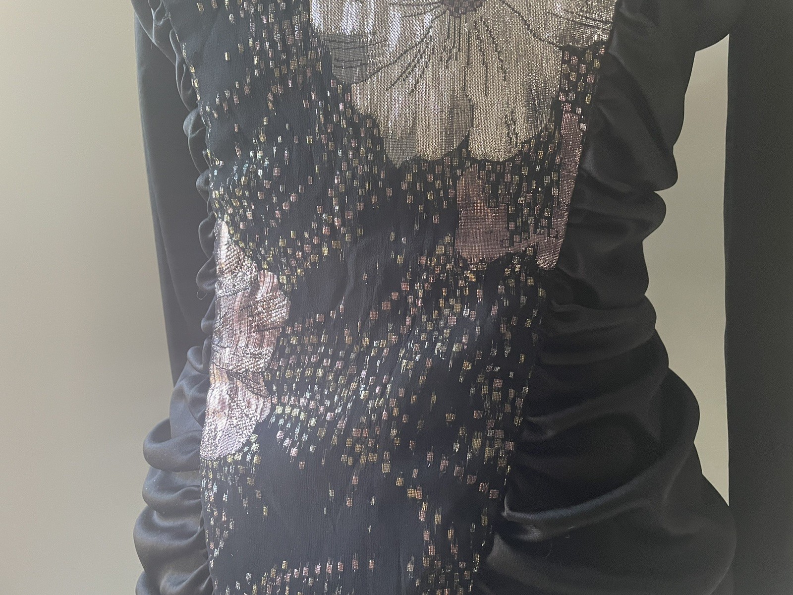 Vintage ‘80s Glam Mini Dress Coffin Ruched Black & Sparkly Lurex Body Con XS