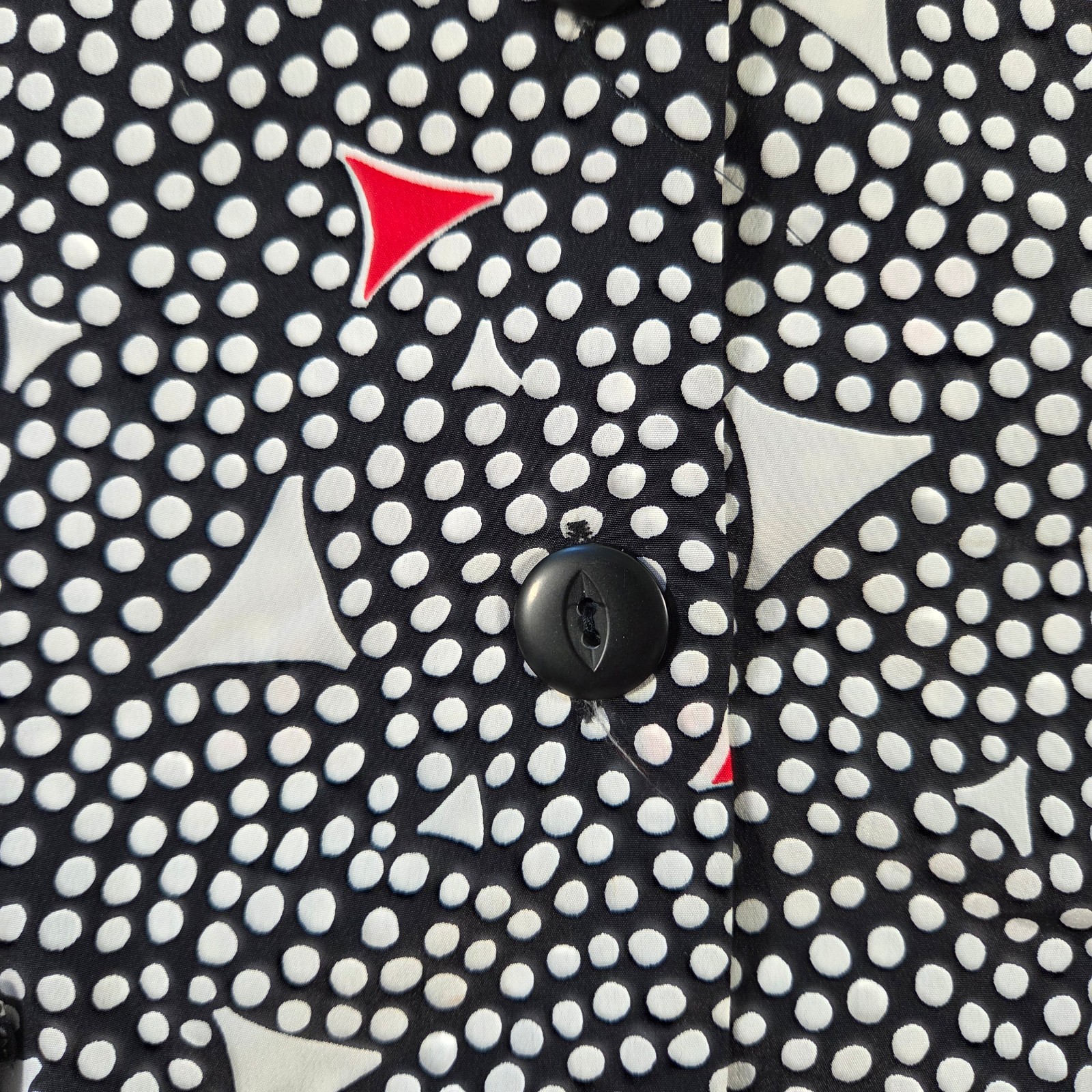 Vintage 80s Blouse Womens 12 Medium Black Polkadot Geometric Puff Sleeve Shirt