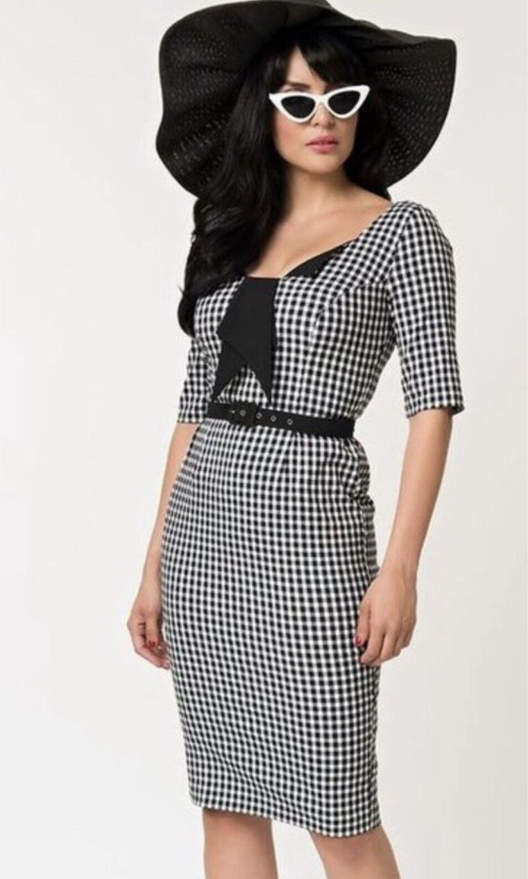 GLAMOUR BUNNY Jacky 60s Jacky Pencil Dress Gingham Back Slit Chic Bow Size XS