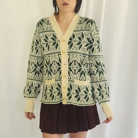 60s Green and Cream Wool Cardigan
