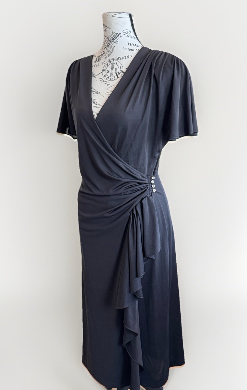 Vintage 80s Jody Of California Black Rhinestone Wrap Cocktail Glam Dress 9/10