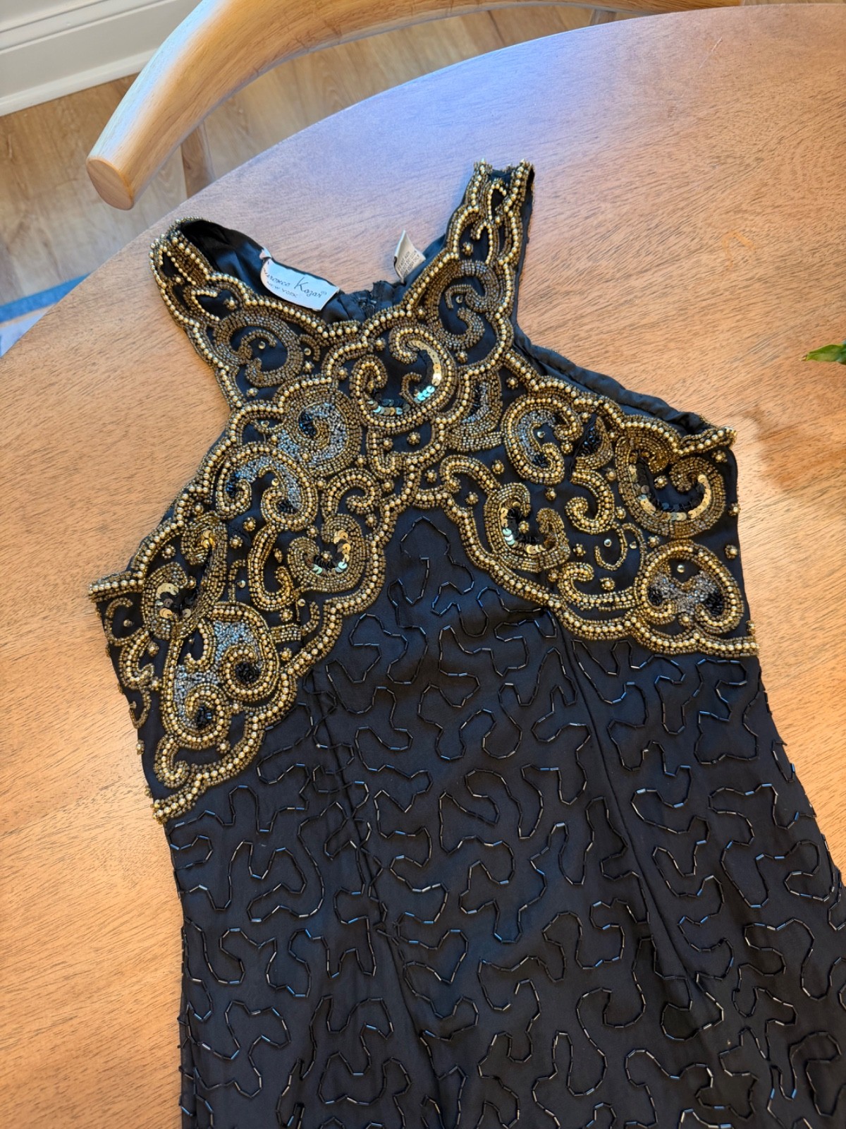 Vintage Laurence Kazar Black silk beaded evening dress art deco size Small