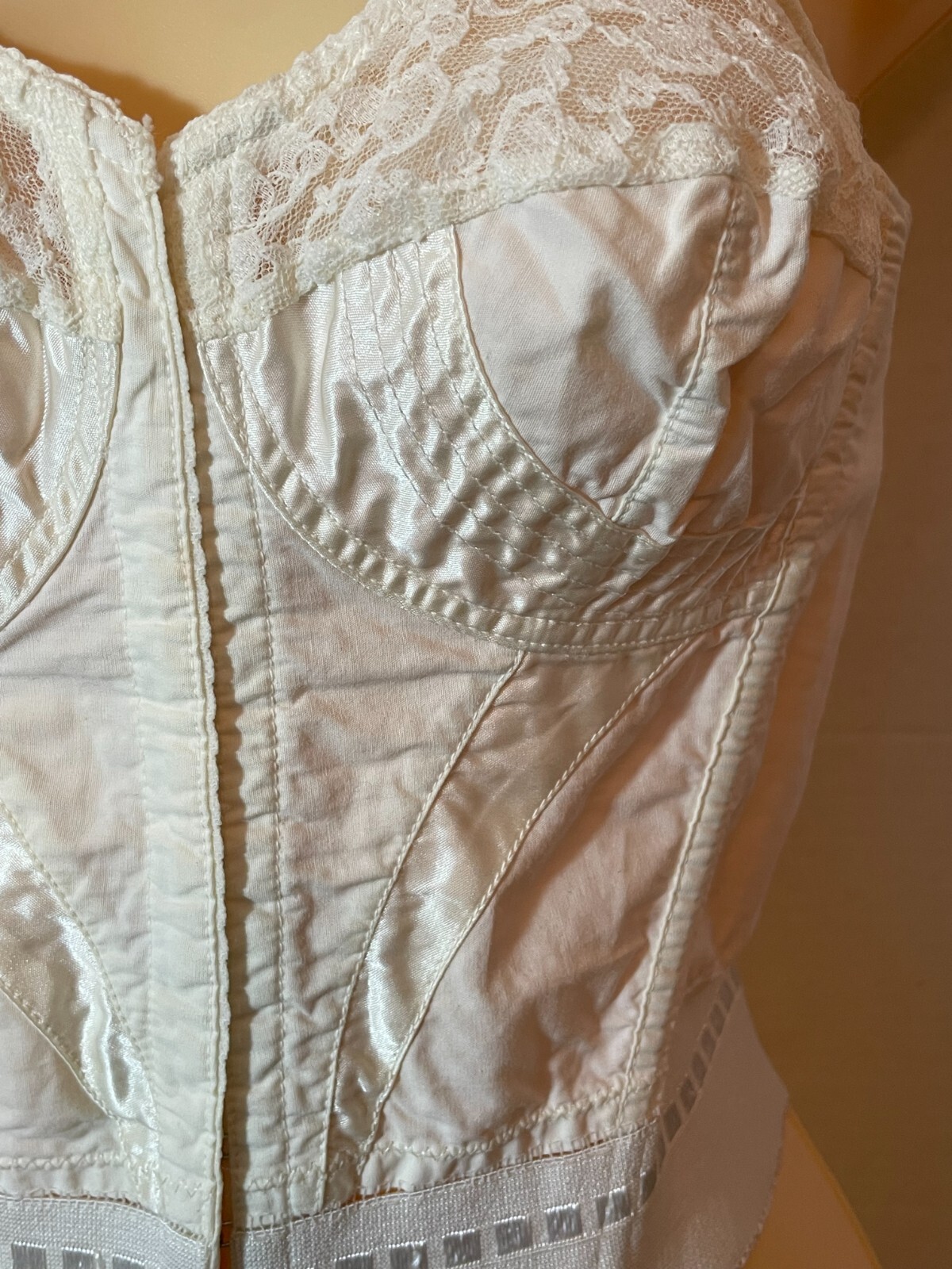 Vtg Cotton & SATIN Stitched Bustier Long Line Bra Top Floral Lace 34B Penneys