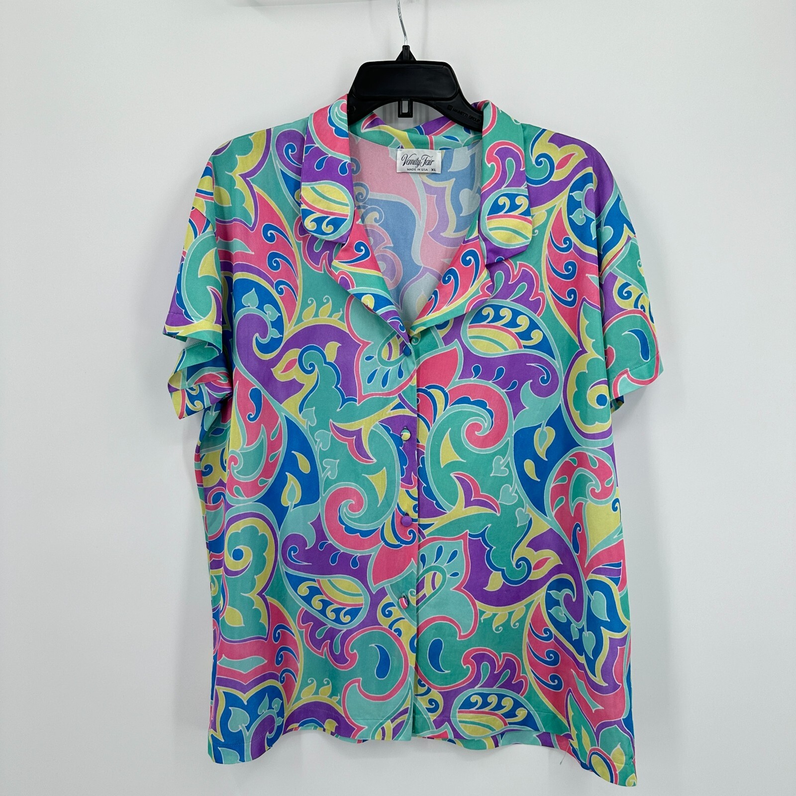 Vtg Vanity Fair Sleep Top Button Up XL Purple Pink Paisley Floral USA Silky