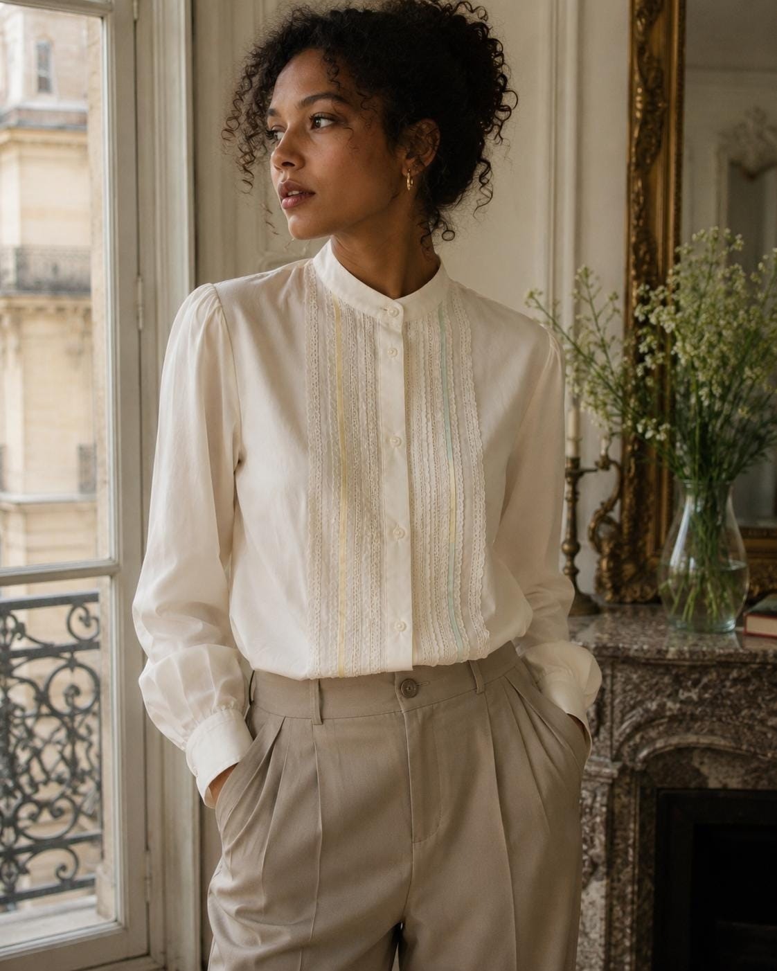 Vintage Judy Bond Ivory Lace Secretary Blouse Women’s L/XL | Victorian High Neck