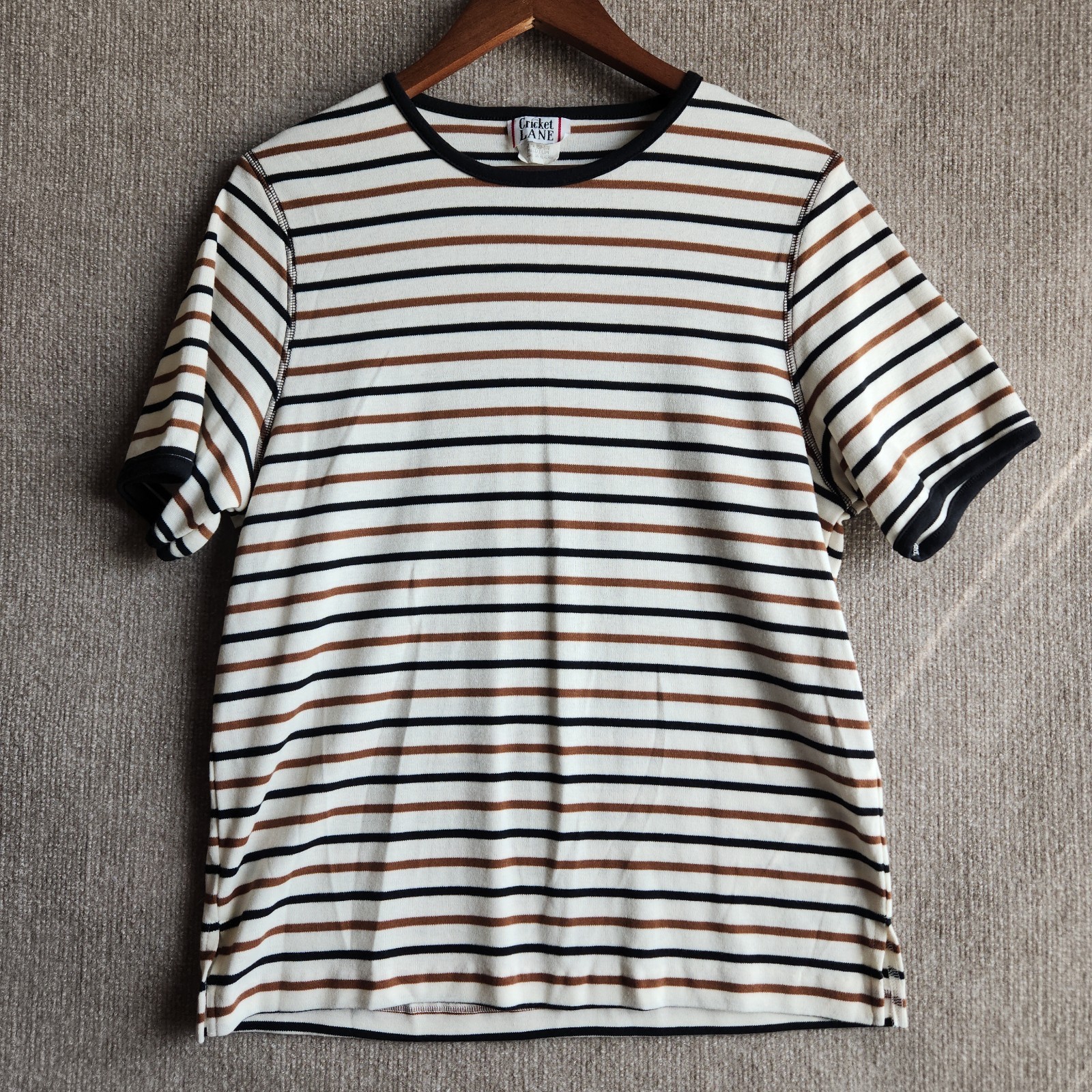 Vintage 90s Cricket Lane Striped Ringer T Shirt Earth Tone Brown Black Cream M