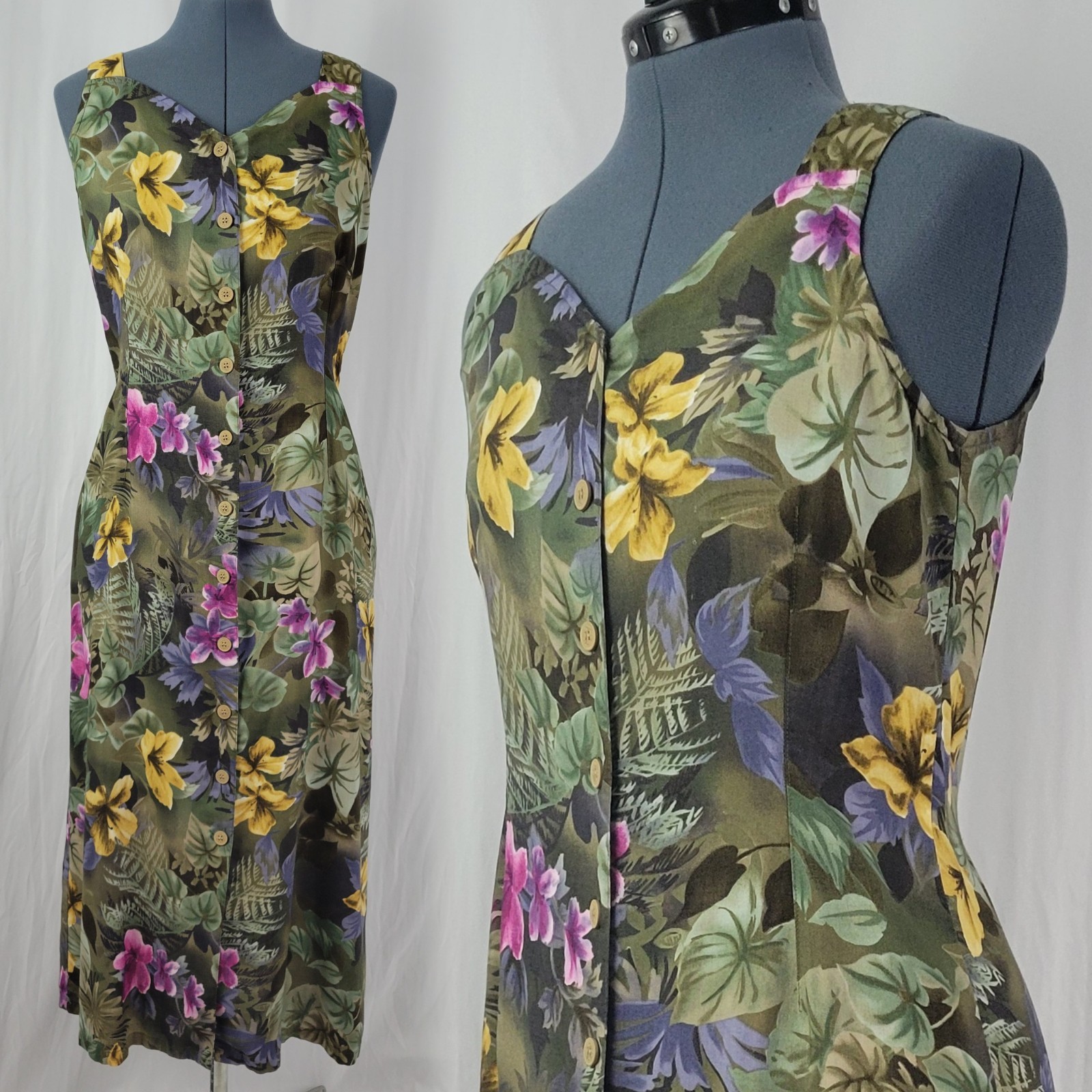 Vintage Erika Mossy Green Floral Sundress w Button Down Front Size Med Petite