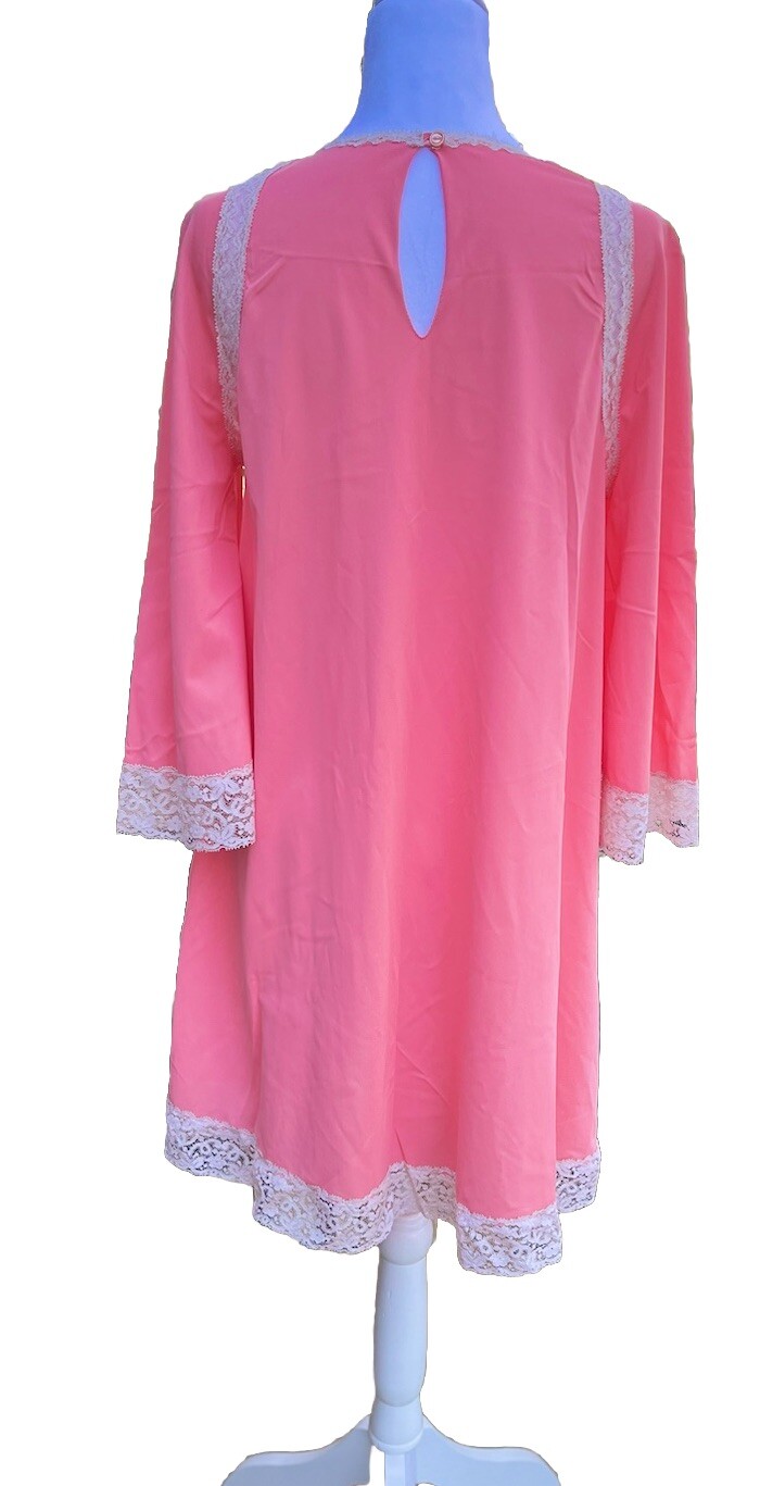Vtg Nightgown Artemis Angel Wing Flutter Sleeve Nylon Lace Candy Pink Coral 36 S