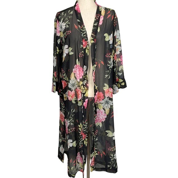 Sweet Pea Stacy Frati Duster Women L Black Floral Peony Sheer Kimono Boho Robe