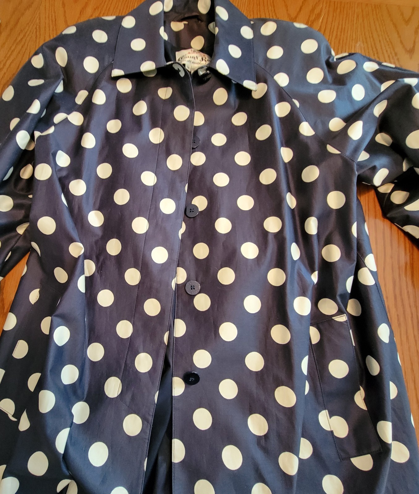 VINTAGE Count Romi Trench Coat Size 14 Navy/White Polka Dots Belted Buttons EUC