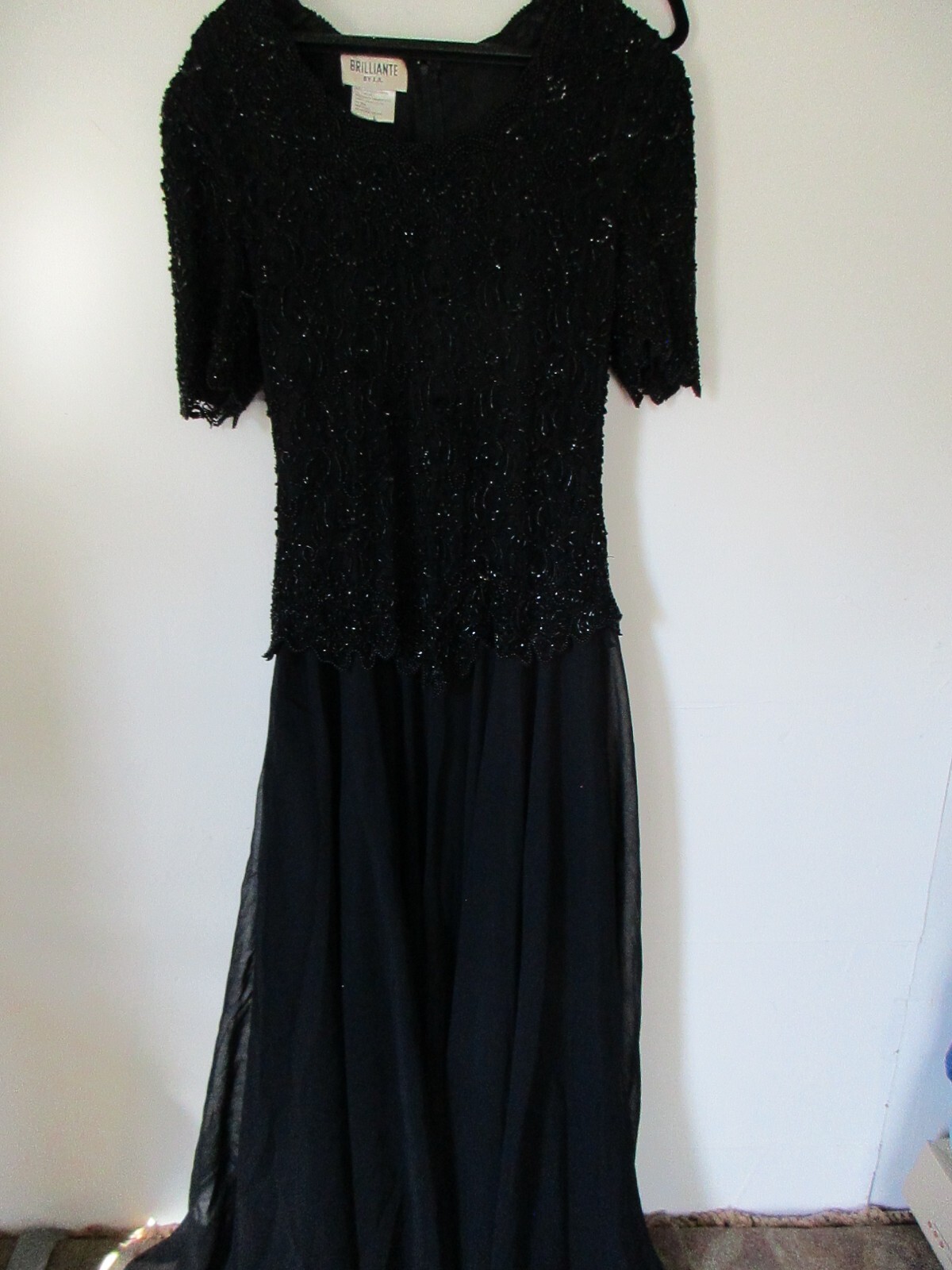 Vintage Brilliante by J.A. Black Beaded Evening Gown L short sleeve Open neck