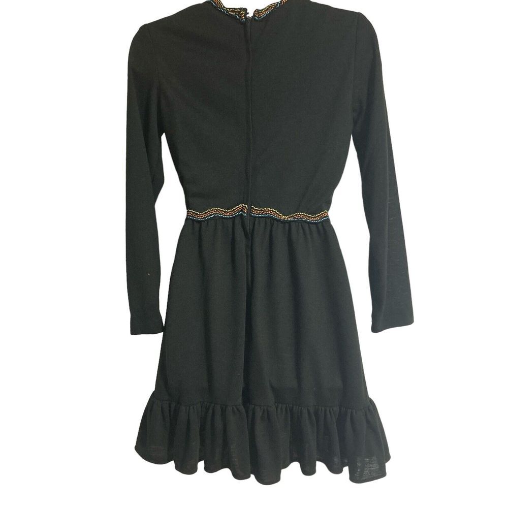 Handmade Dress Black Mini Long Sleeve Knit Stretch Ruched Hem and Trim Vintage