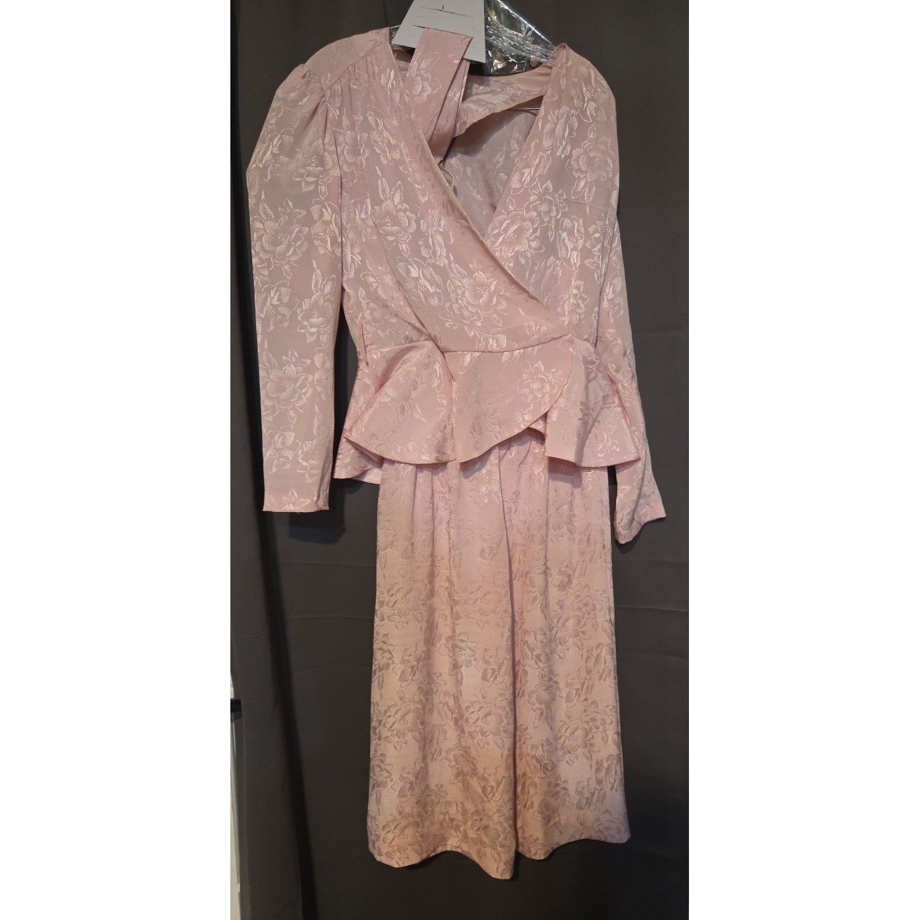 Jerrie Lurie Pink Floral Jacquard Peplum Top and Midi Skirt, Vintage Women’s Set