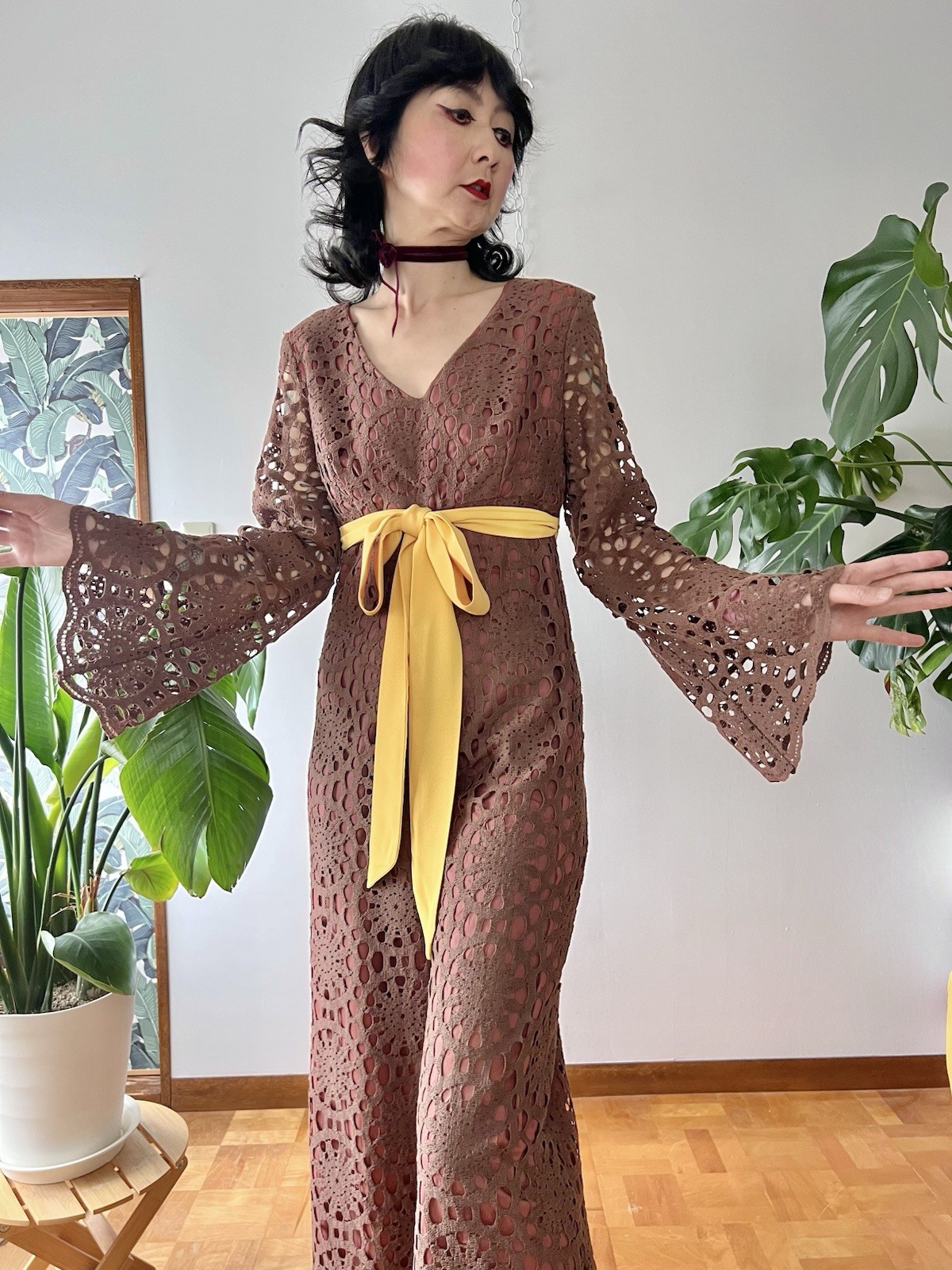 60s 70s Joy Stevens California Crochet Lace Bell Sleeve Flared Wide Leg Jumpsuit