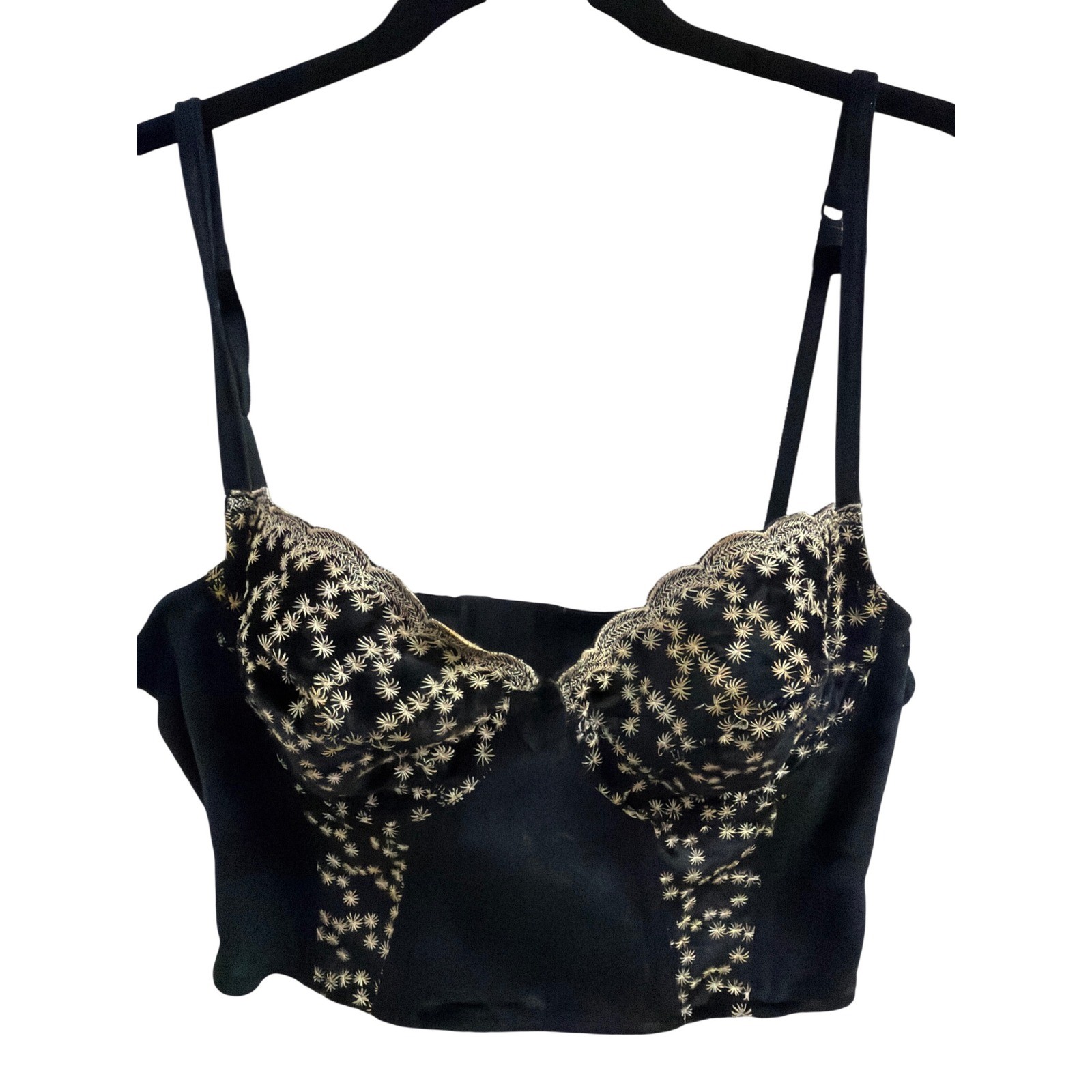 Vintage Huit France Black Velour Embroidered Bustier Bra Top 36B Gold Floral