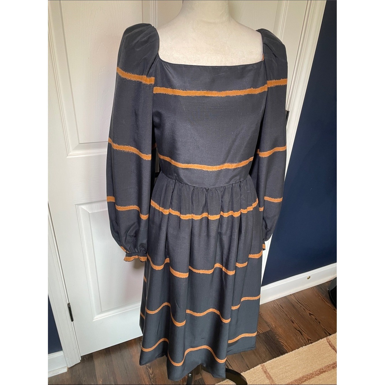 Vintage Square Neck Puff Long Sleeve Midi Dress Black Ochre Stripe Size 6