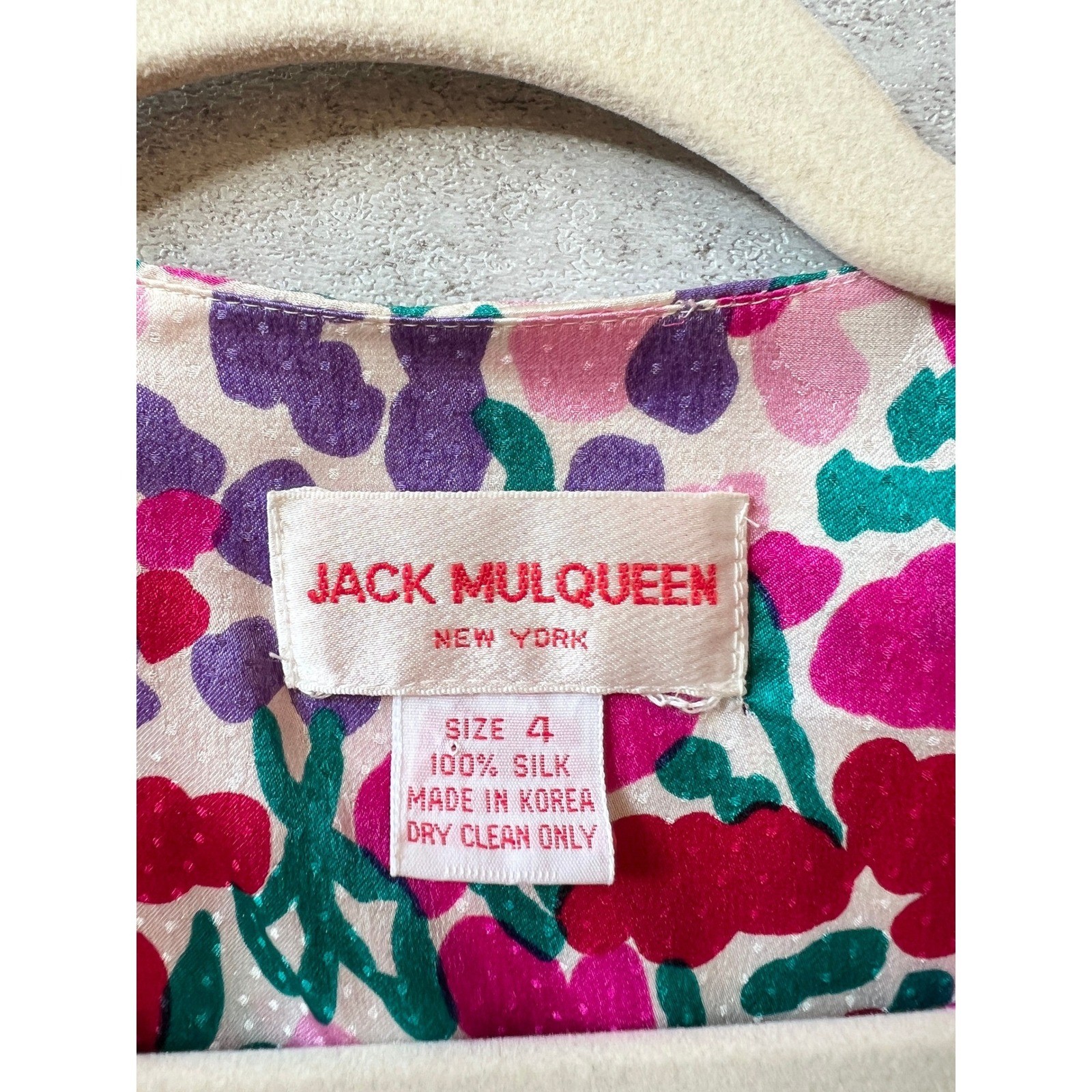 Jack Mulqueen Vintage Silk Dress Size 4 S Bright Floral Peplum Wrap V-Neck 80s