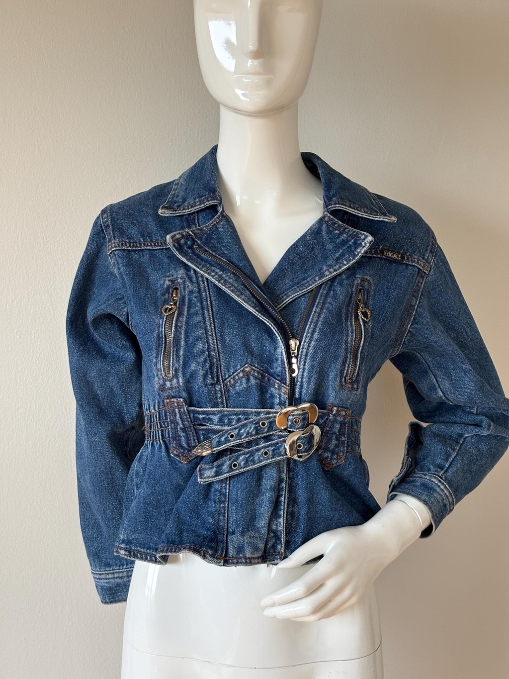 Vintage Versace Jeans Couture Y2K Denim Biker Jacket Medusa Size S