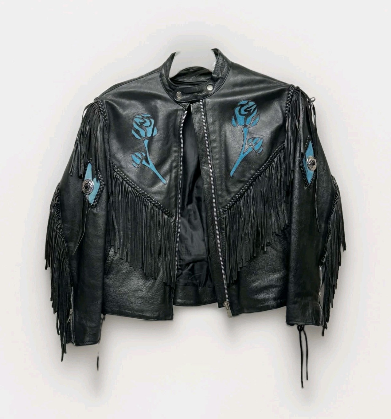 Vintage Black Leather Biker Jacket Women’s Fringe Turquoise Rose Appliqué